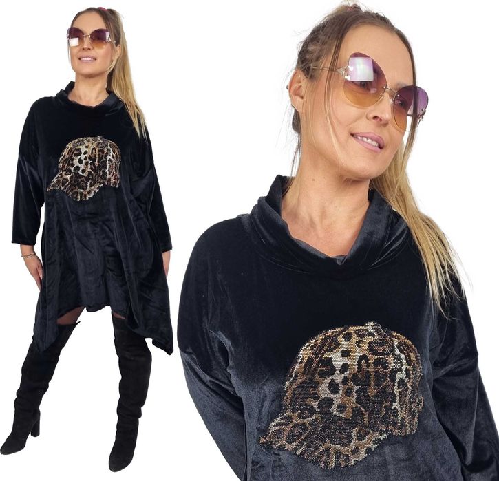Tunika damska Welurowa czarna sukienka elegancka PLUS SIZE asymetrycz
