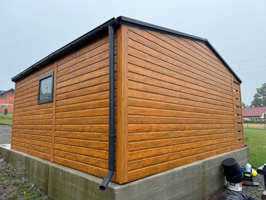 Garaż blaszany dwuspadowy 6x5.8m, złoty dąb + grafit, automat do bramy
