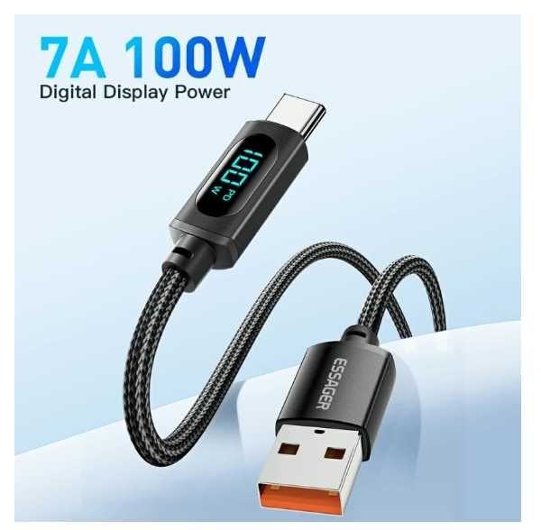 Кабель/Провод ESSAGER Led (USB -TypeC) 5А 100W 1 метр быстрая зарядка
