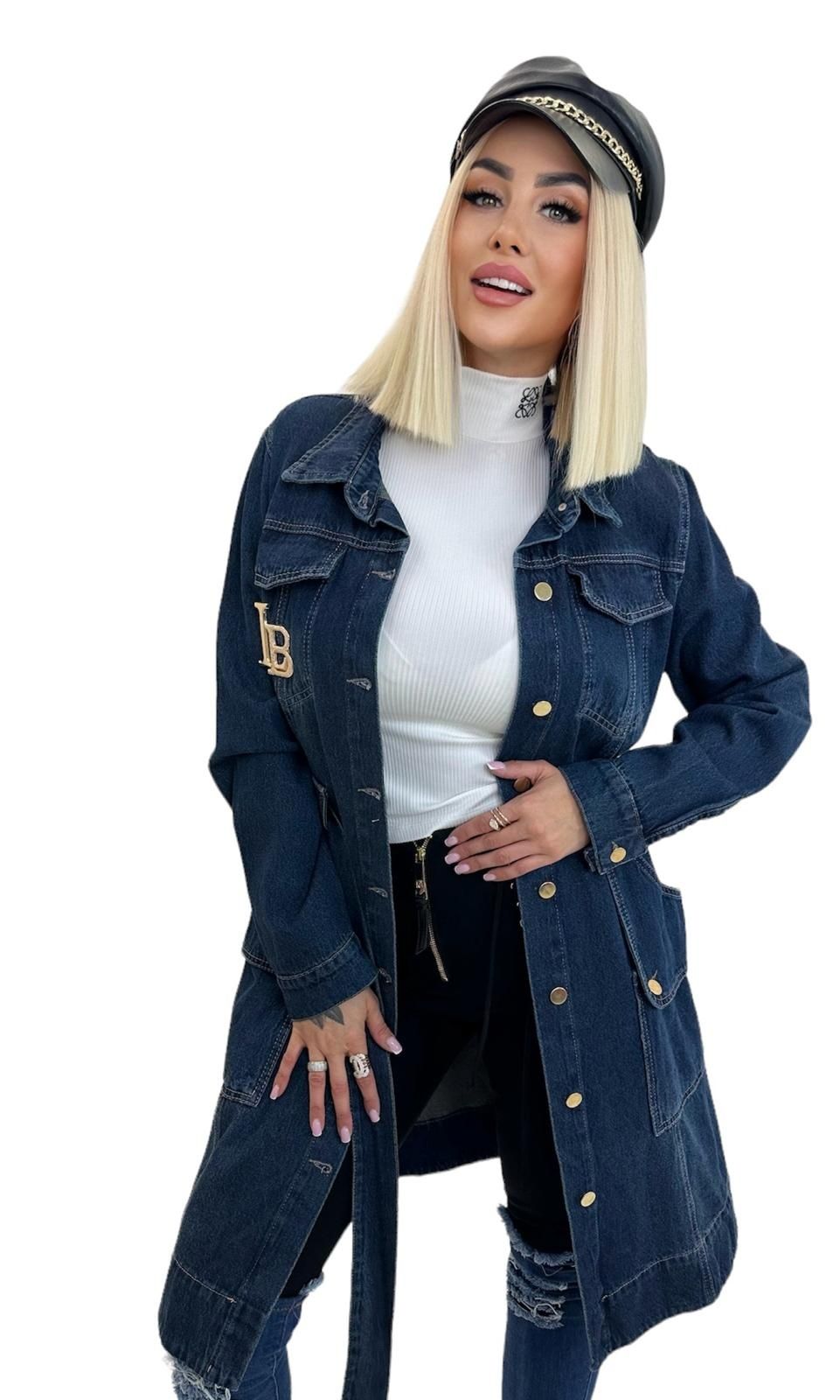 Elegancki płaszcz jeans z cyrkoniami logo Lola bianka