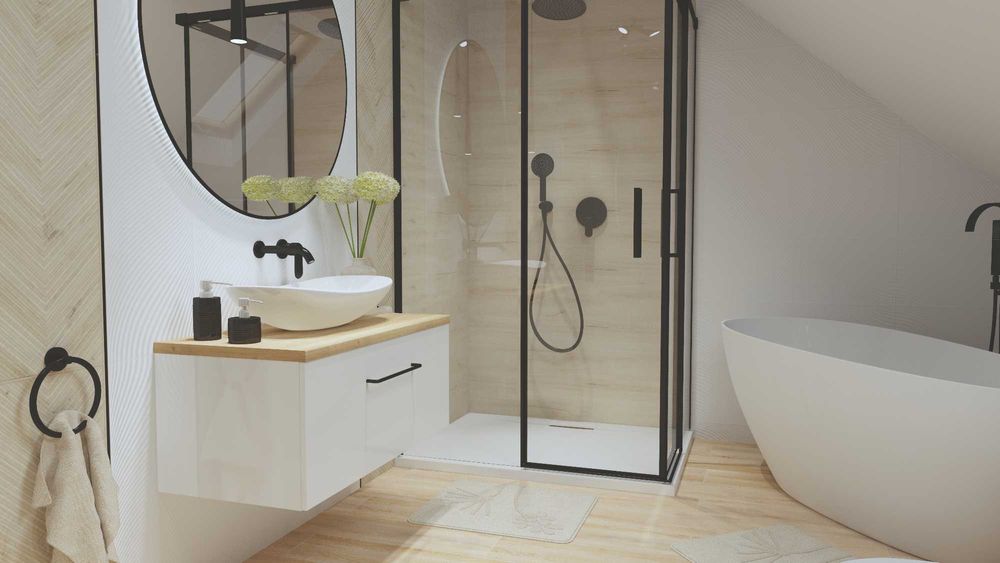 Projekt 3D łazienki z wanną lub prysznicem