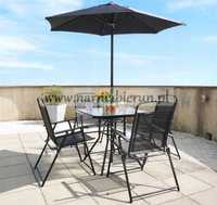 Zestaw mebli ogrodowych z parasolem, czarny (4 krzesła ,stół, parasol)