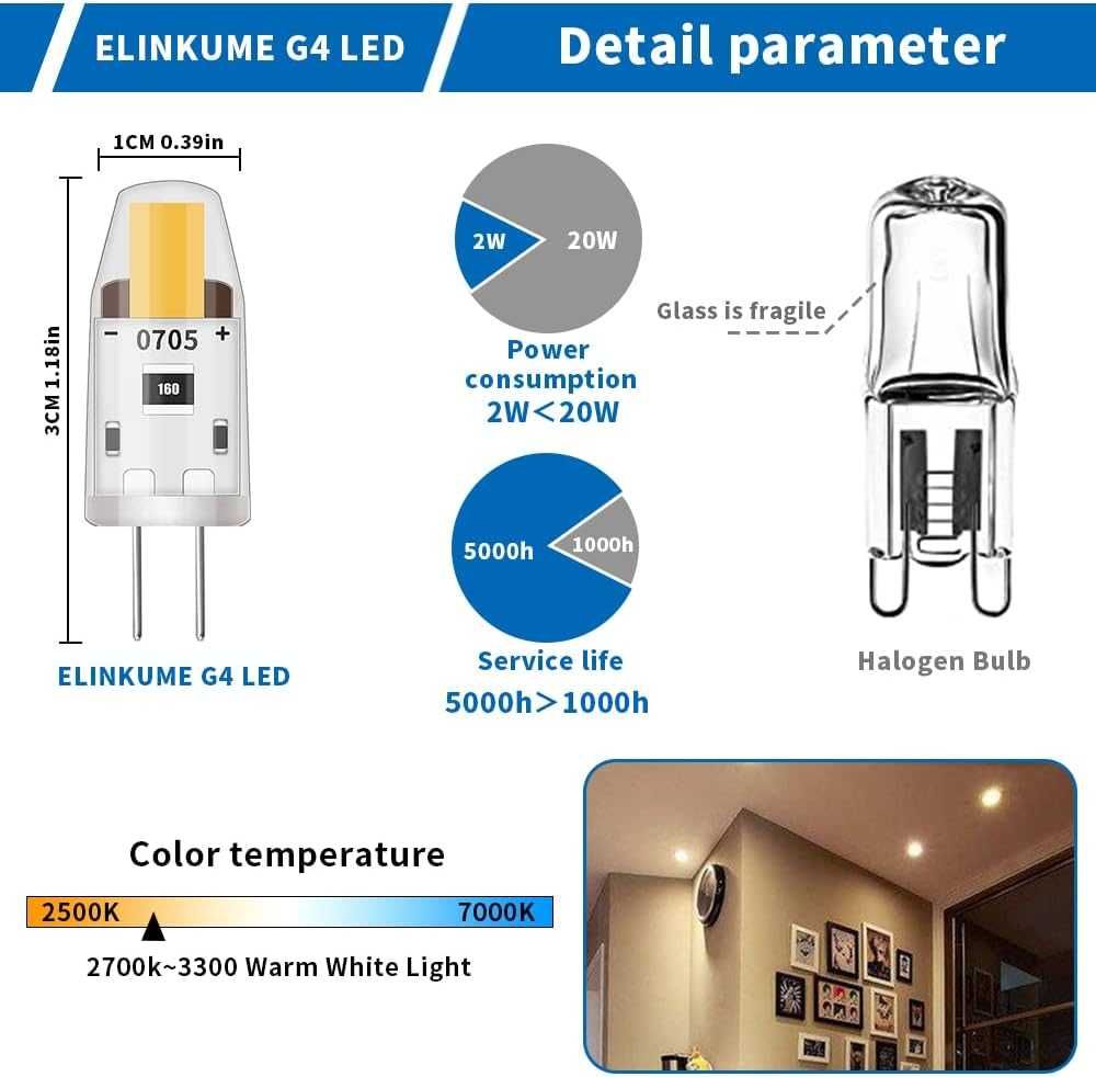 ELINKUME G4 Żarówka LED, 2W ciepła biała