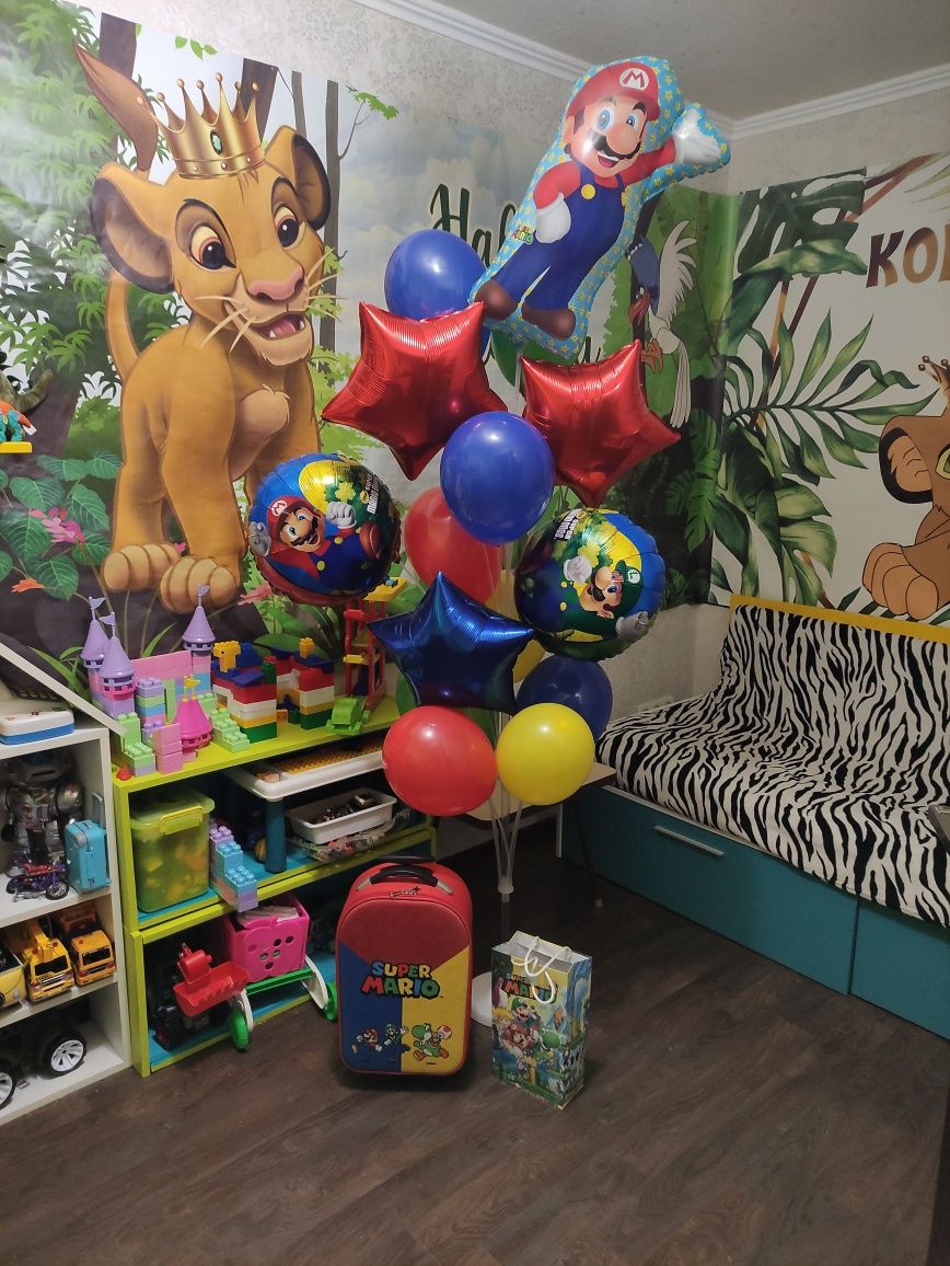 Посуда, колпачки, наклейки, топперы,шары Супер Марио, цифра 4