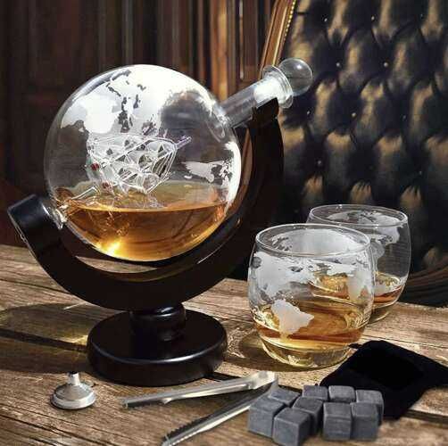 Karafka GLOBUS ze statkiem w środku Zestaw do whisky ze szklankami