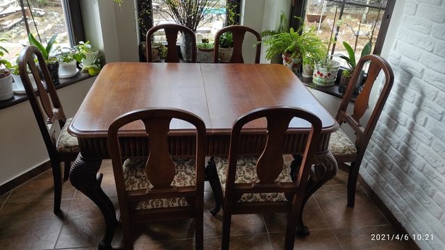 stół rzeźbiny drewnany + 6 krzeseł, antyk