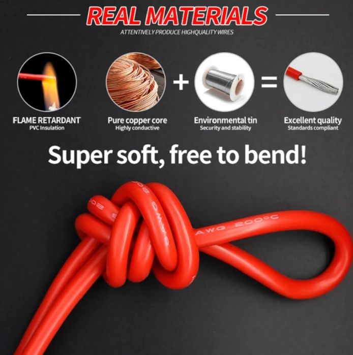 Кабель акумулятора дріт силіконовий 2-4-6-7-8-10-12AWG для інвертора
