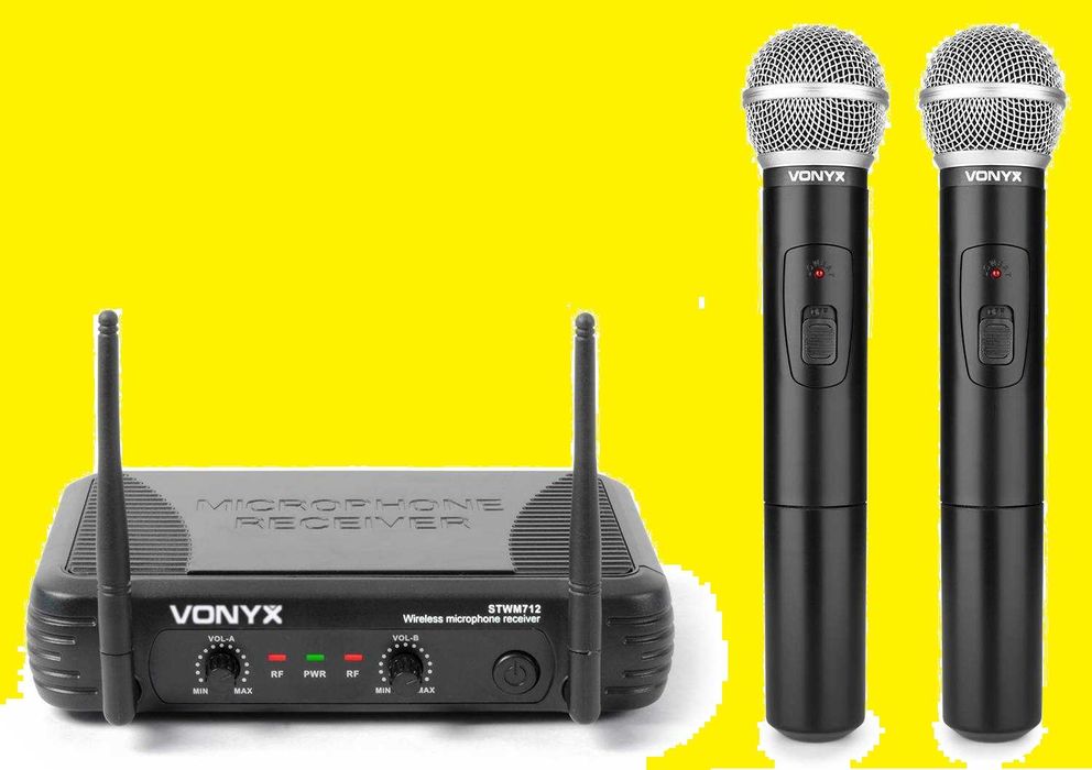 2 x Mikrofony bezprzewodowe VHF + Baza Zestaw Vonyx Mikrofon + Stacja