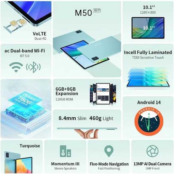 10.1" планшет Teclast M50 Android 14 8-core 6GB+8GB RAM 128GB GPS 8mm