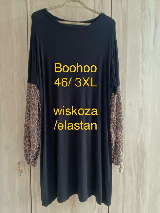 Boohoo 46 3XL czarna panterka sukienka długi rękaw wiskoza midi miękka