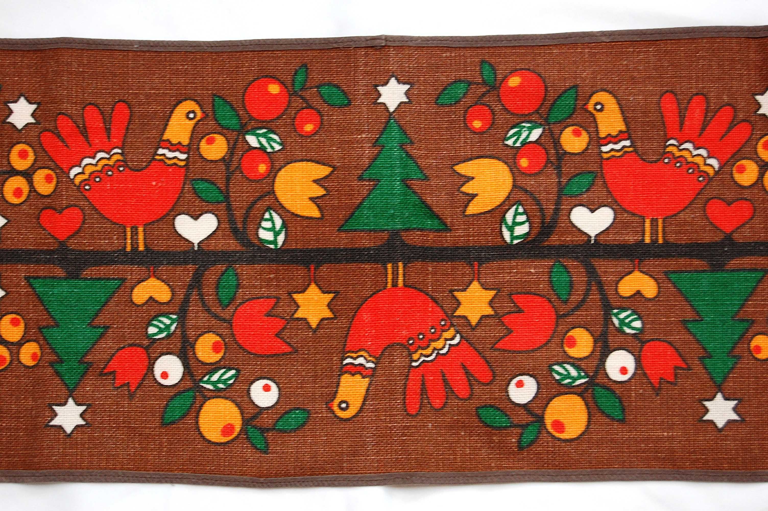 Bieżnik świąteczny, PRL, NRD, DDR, vintage, juta, nadruk, ptaki, folk