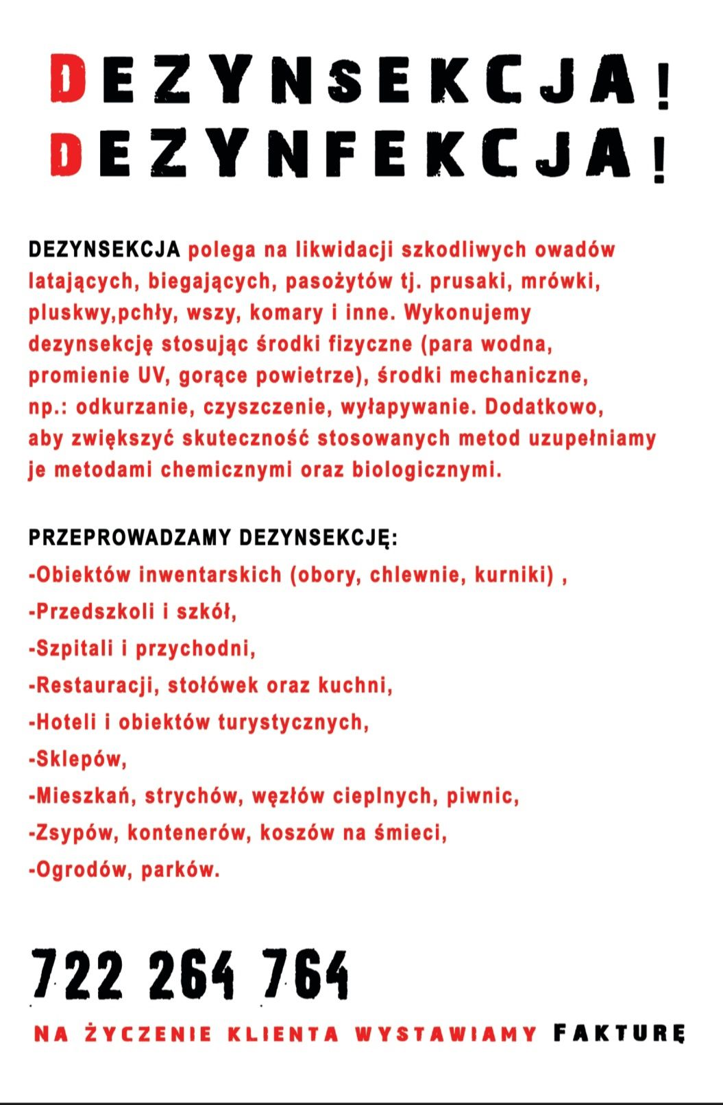 Dezynfekcja, ,oprysk osy, pluskwy, karaluchy, komary i szerszenie.