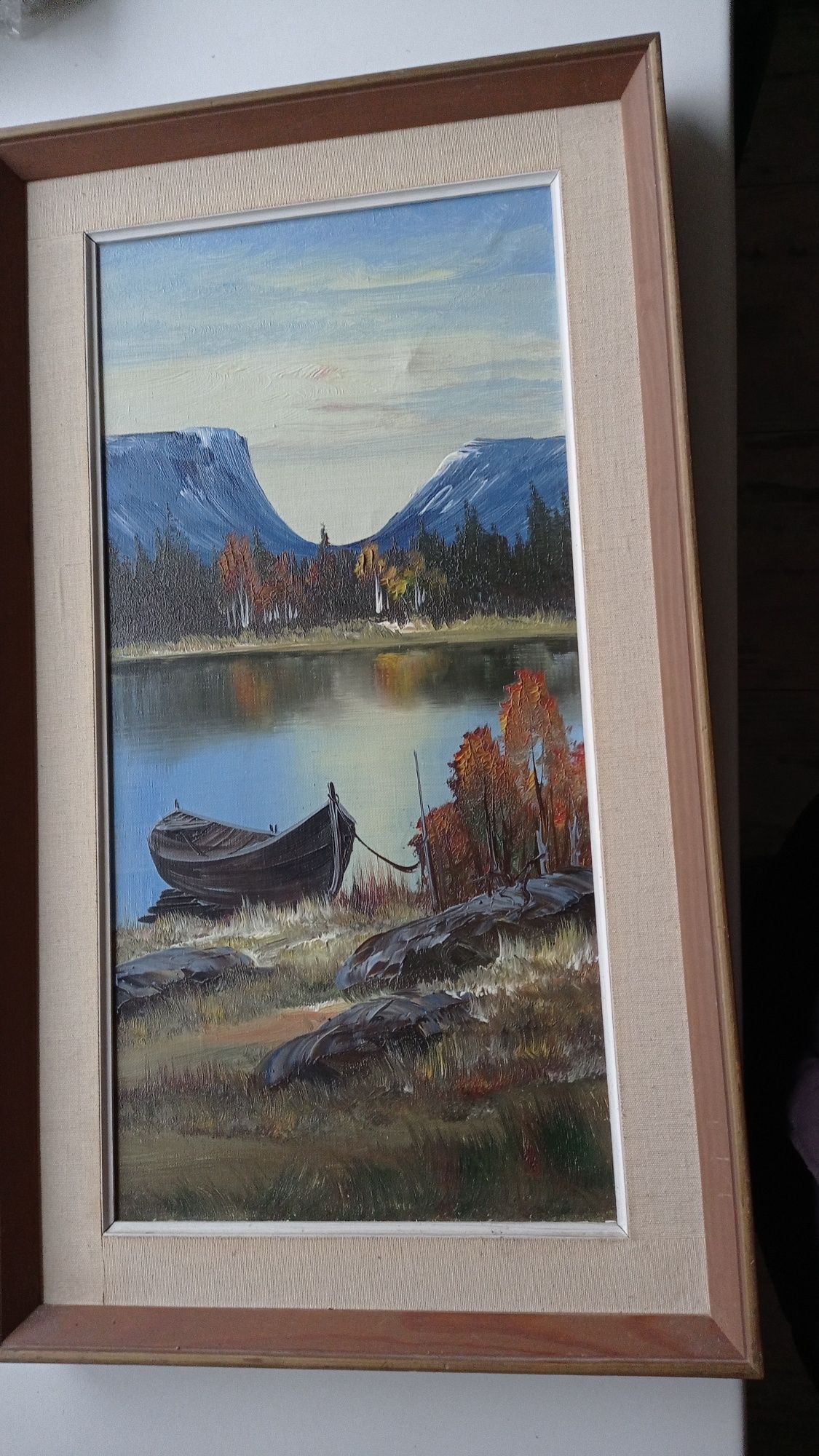 Obraz skandynawski pejzaż jezioro łódka góry olej płótno w ramie Retro