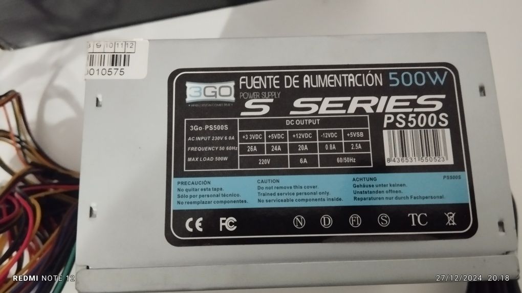 Fonte alimentacao pc de 500 watts com 2 adaptadores de grafica 6 pinos