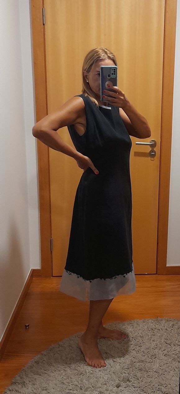 Vestido Azul em linho e tule - XL