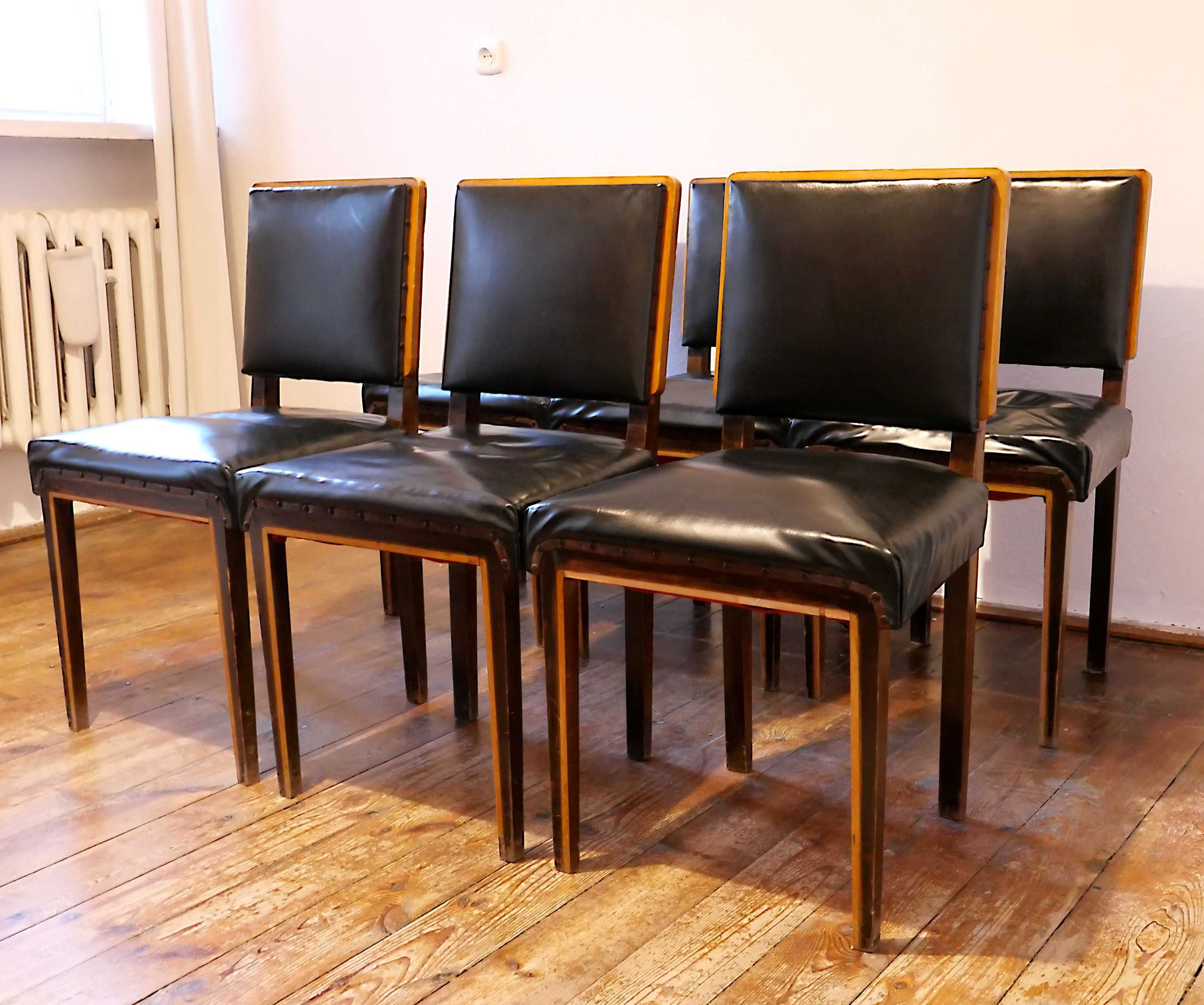 Zabytkowe krzesła drewniane Art deco tapicerka skórzana komplet 6 szt.