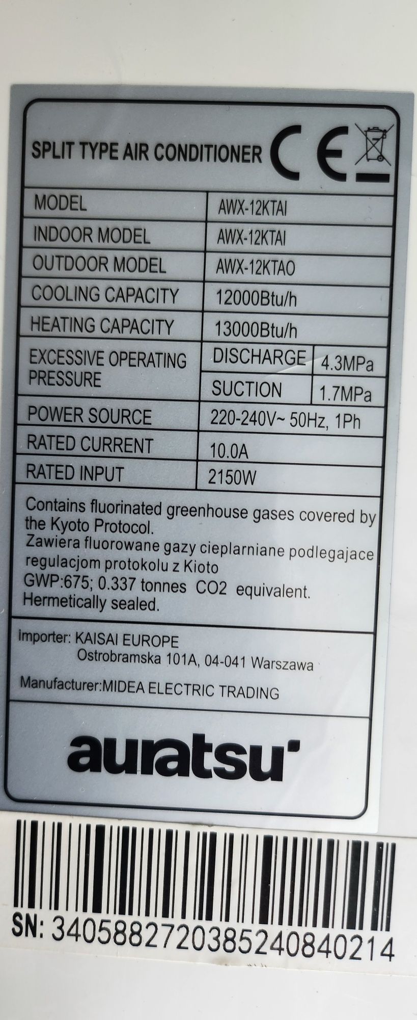 Klimatyzator ścienny Auratsu jednostka wewnętrzna