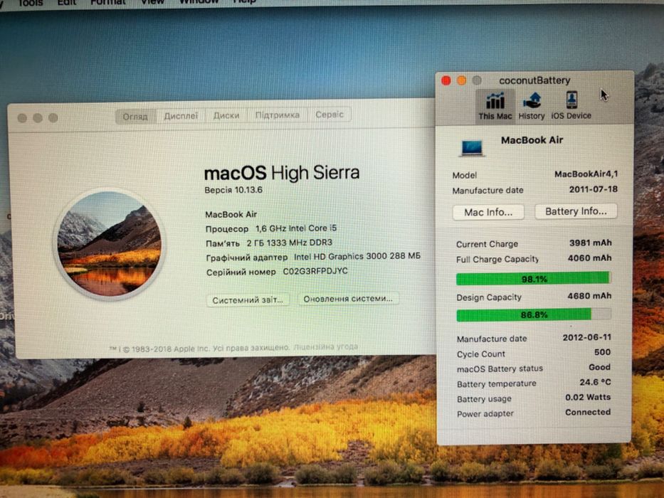 Ноутбук MacBook Air A1370 11" Mid 2011/ i5/ 2 Gb /64 гб SSD