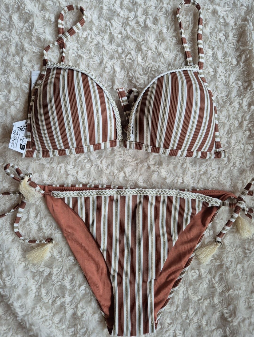 Kostium kąpielowy Calzedonia S 80A/75B/70C brązowy biały złoty paski