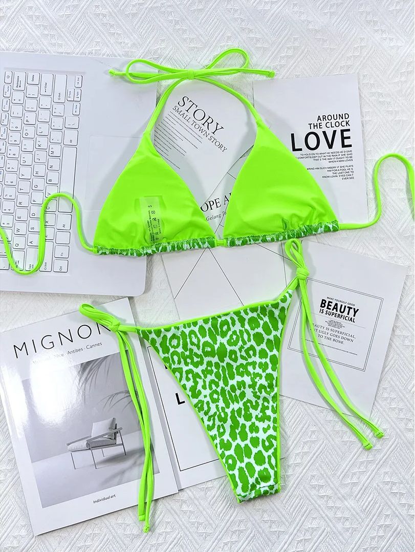 Strój Kąpielowy BIKINI Stringi SEXY Neon Wiązane Panterka - S
