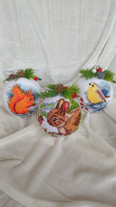 Вишиті новорічні іграшки, подарунок ручної роботи,кульки на ялинку