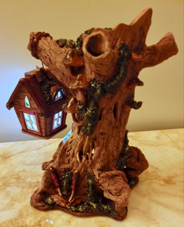 Casa na árvore cerâmica iluminada porta-vela Natal feita à mão