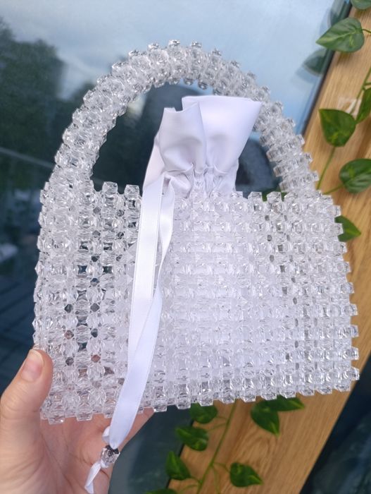 Torebka z koralików biała transparentna hand made