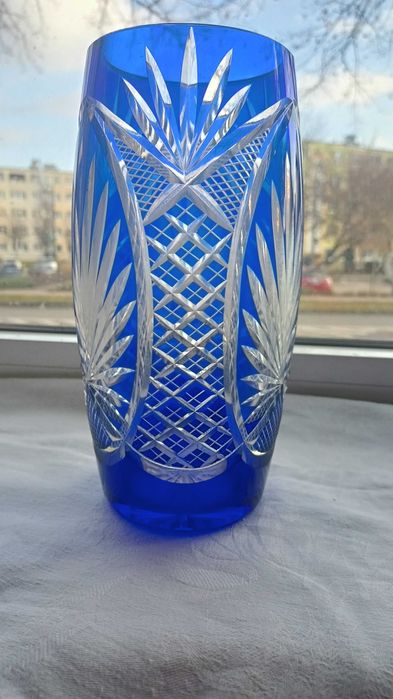 Wazon kryształowy lazurowany kobaltowy szlifowany Irena Inowrocław