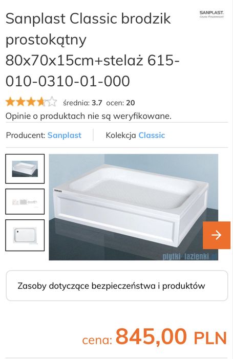Nowy brodzik prostokątny 80x70x15cm + stelaż Sanplast