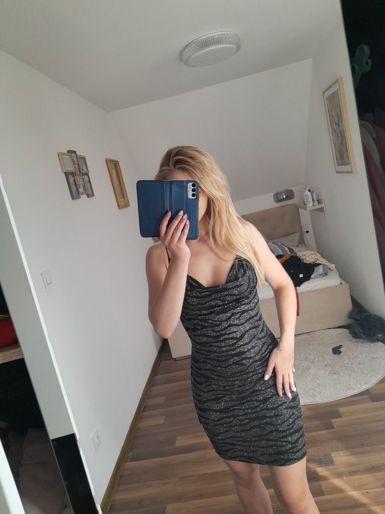 Sukienka sylwester cekiny lejacy dekolt zebra s m sexy osiemnastka