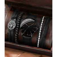 Czarny klasyczny zegarek kwarcowy męski z bransoletami