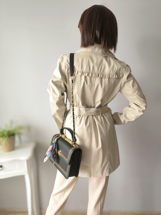 Beżowy trencz bawełniany, elegancki, dwurzędowy, rozm. M L 38 40