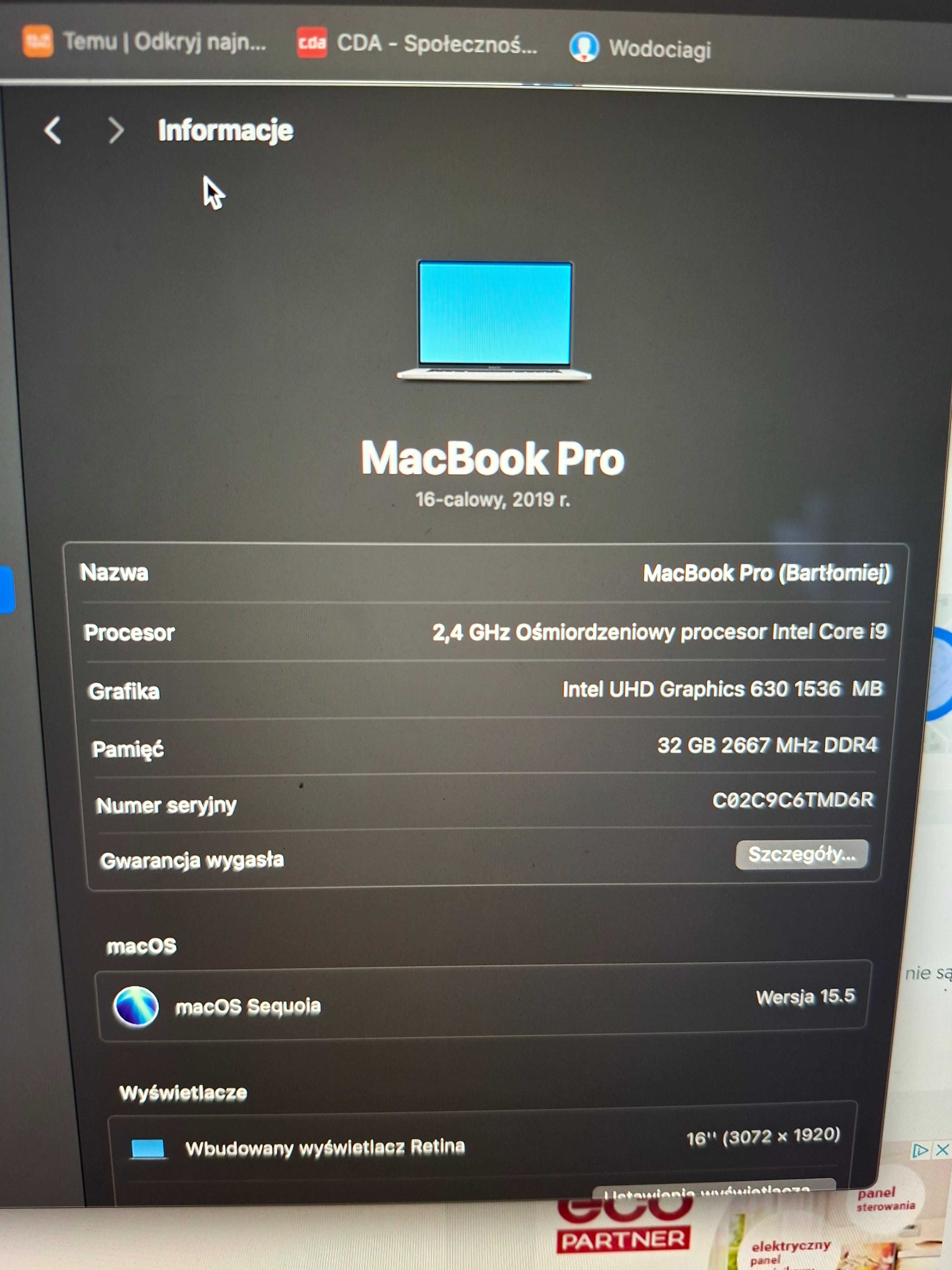 Laptop Macbook Pro i9/32GB/512GB/Radeon Pro 5300M