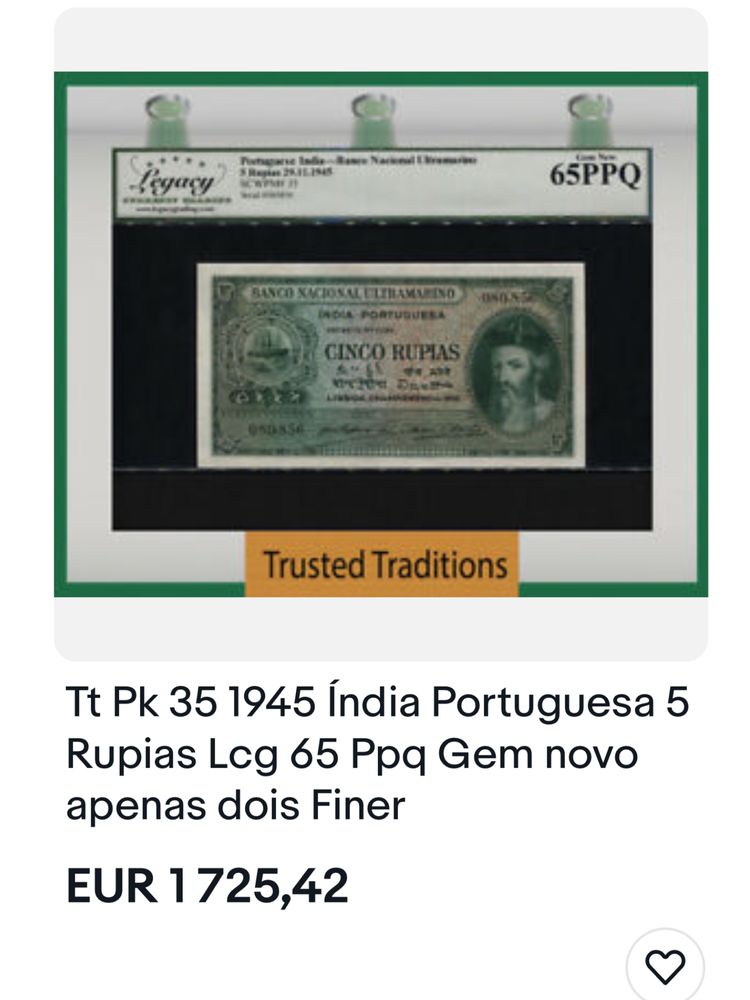 Nota 5 Rupias Índia Portuguesa 1945