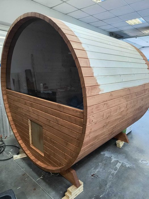 Sauna beczka 3,4 m ze ścianką pół panorama
