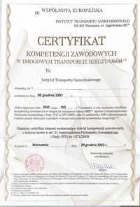 Użyczę certyfikat kompetencji zawodowych w transporcie rzeczy.