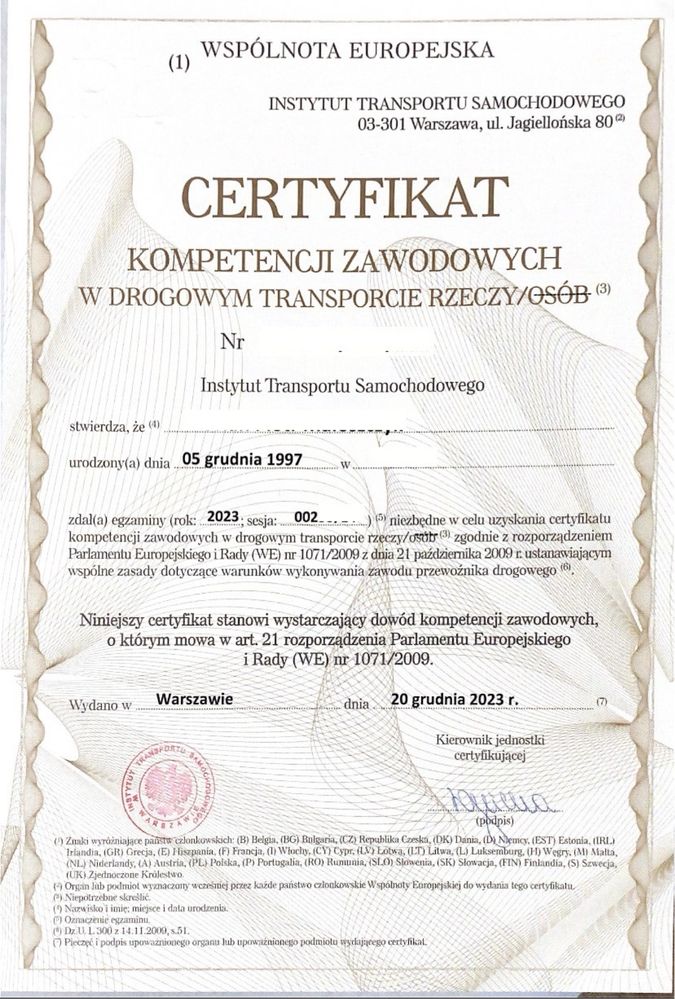 Użyczę certyfikat kompetencji zawodowych w transporcie rzeczy.