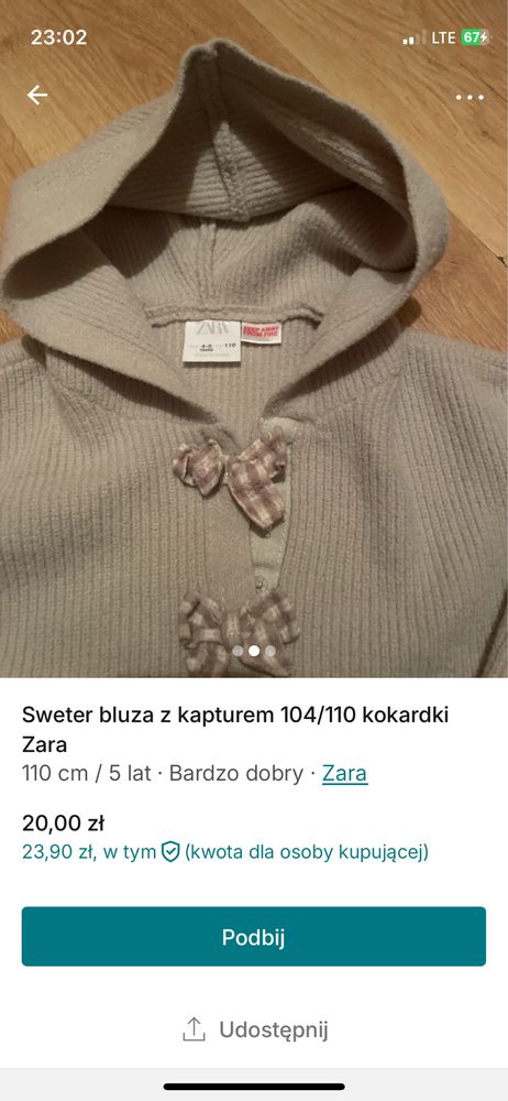 Bluza z kapturem sweter kokardki zara 110 bez