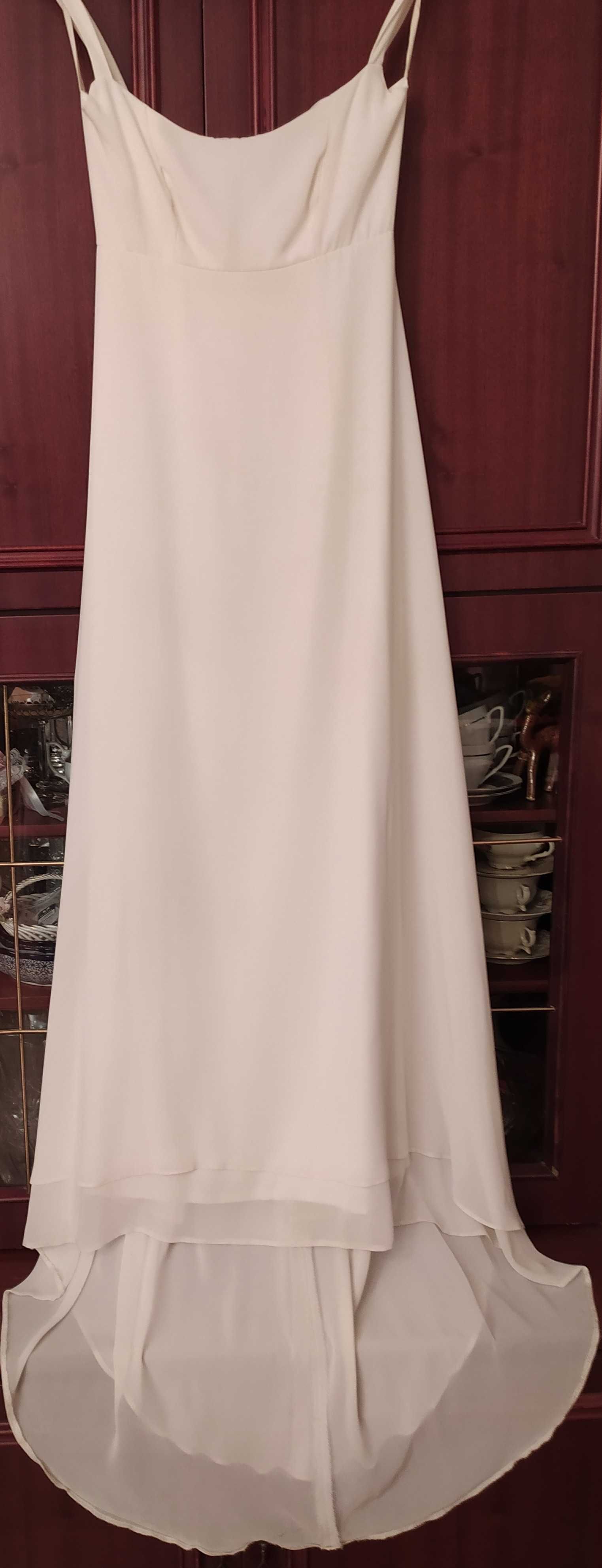 suknia  ślubna,  muślinowa z koronkowym  płaszczykiem
