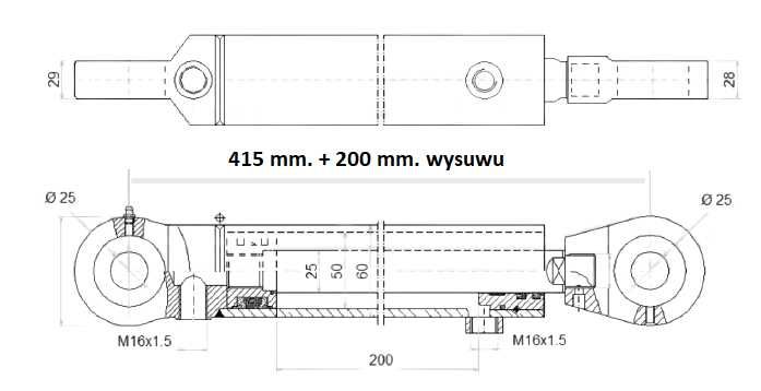 siłownik wysuw 200 mm. Skok 20 cm. 50/25/200/410 U25. Dwustronny.