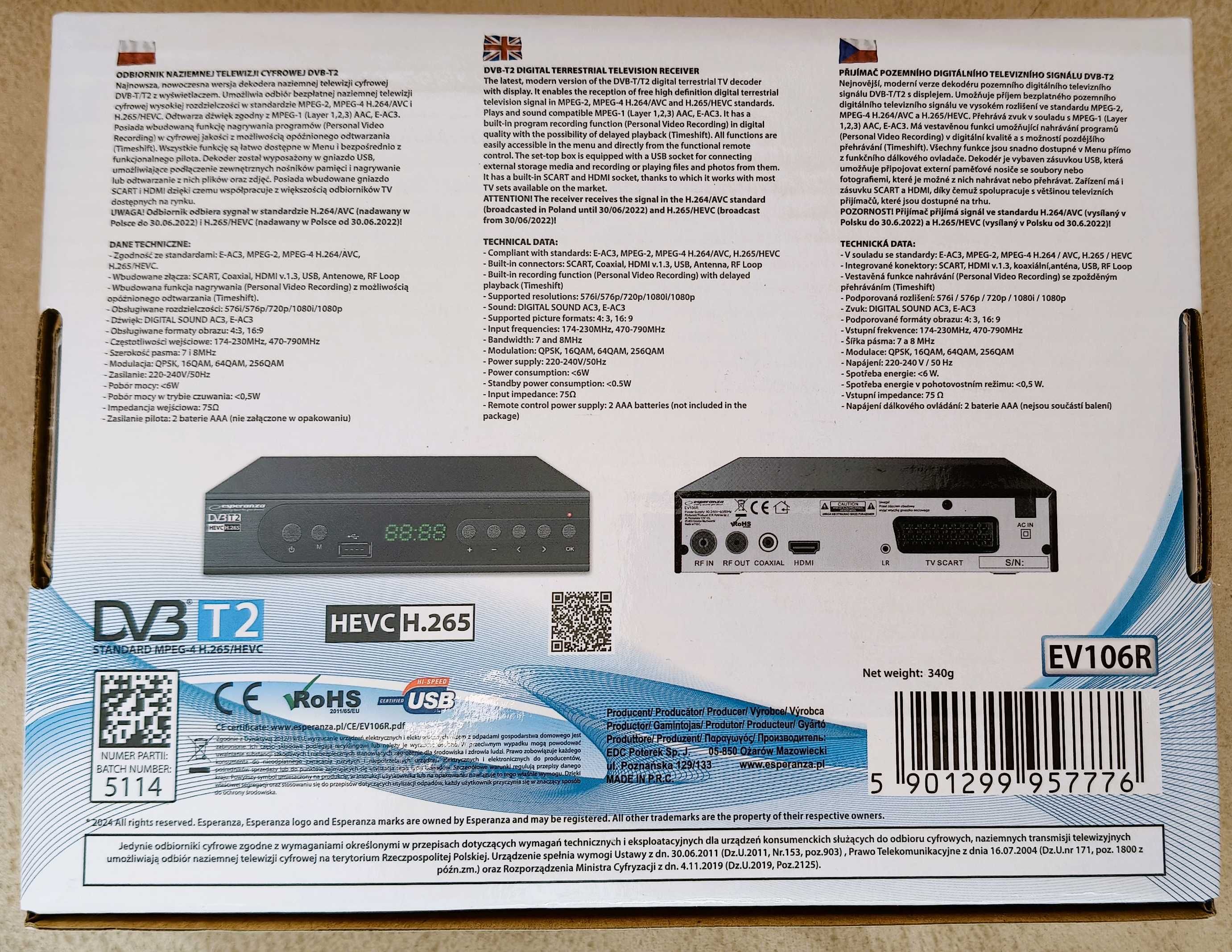 Dekoder TV Esperanza DVBT2 HEVC H.265 Nowy.