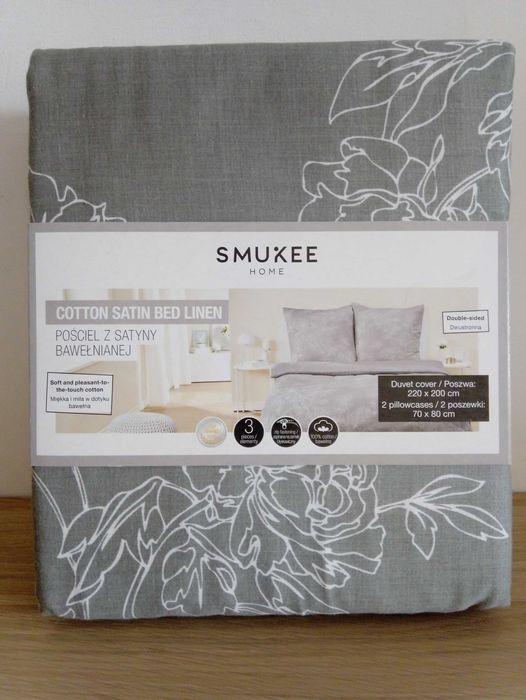 Komplet pościeli szara satyna bawełniana w kwiaty SmukeeHome 220x200cm