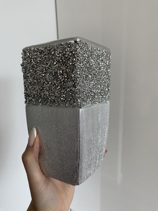 NOWY wazon ceramiczny glamour z kryształkami STEBRNY