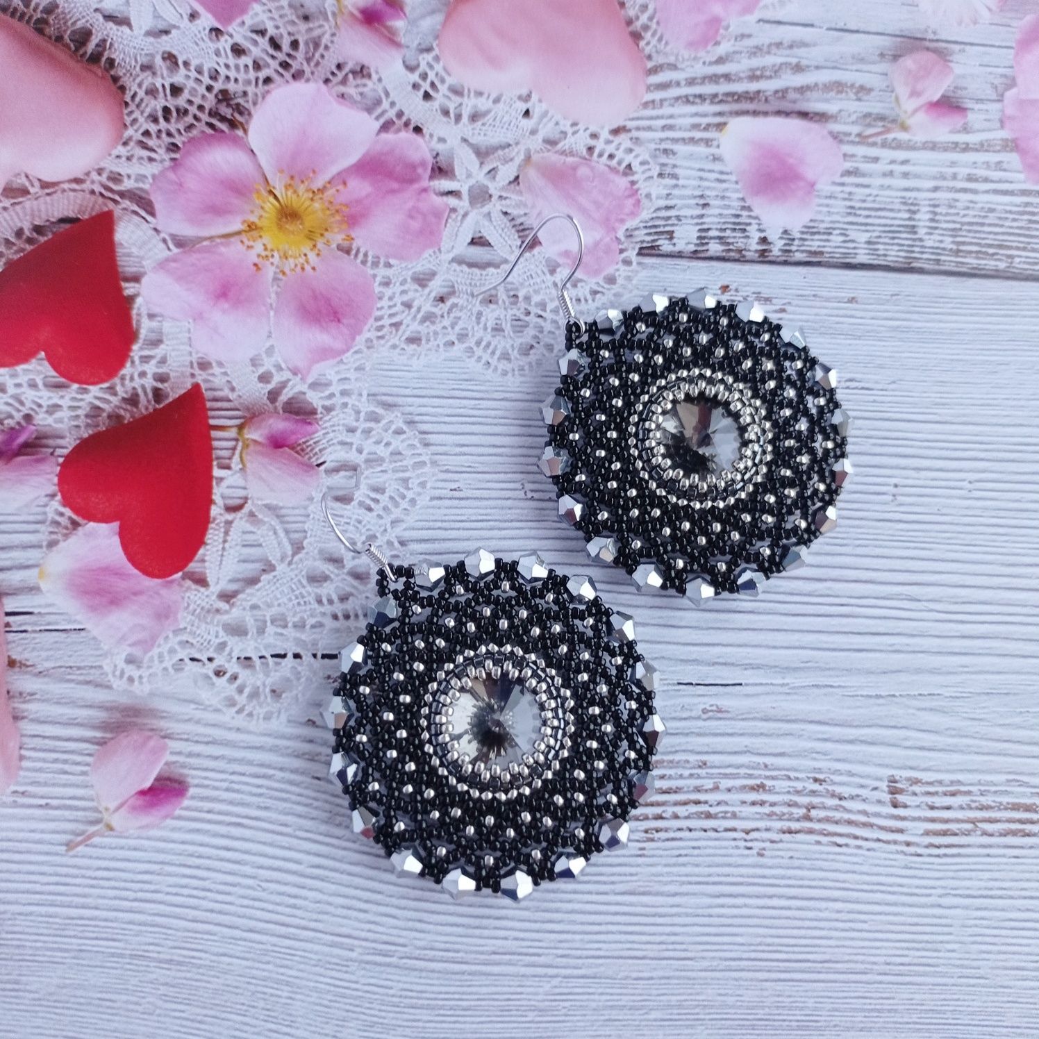 Серьги, серёжки, сережки,кульчики чёрные из бисера ручной работы