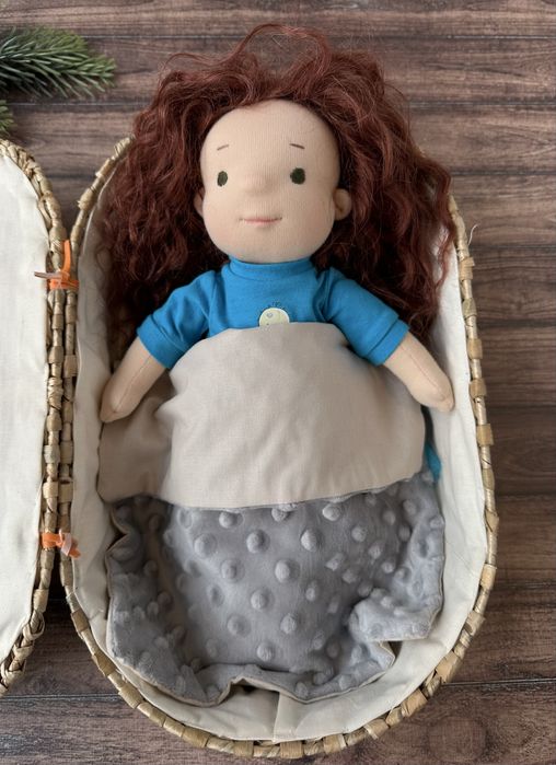 Текстильна лялька, кукла ручної роботи з набором одягу та колискою