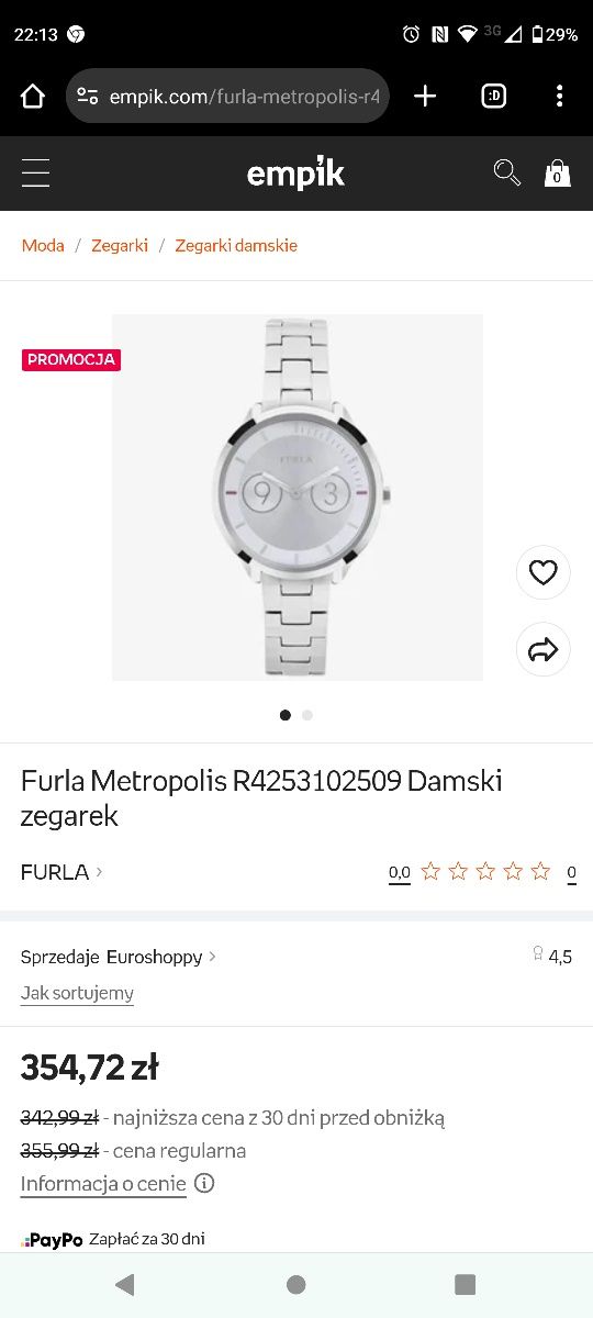 Srebrny Zegarek Furla na bransolecie oryginalny Metropolis