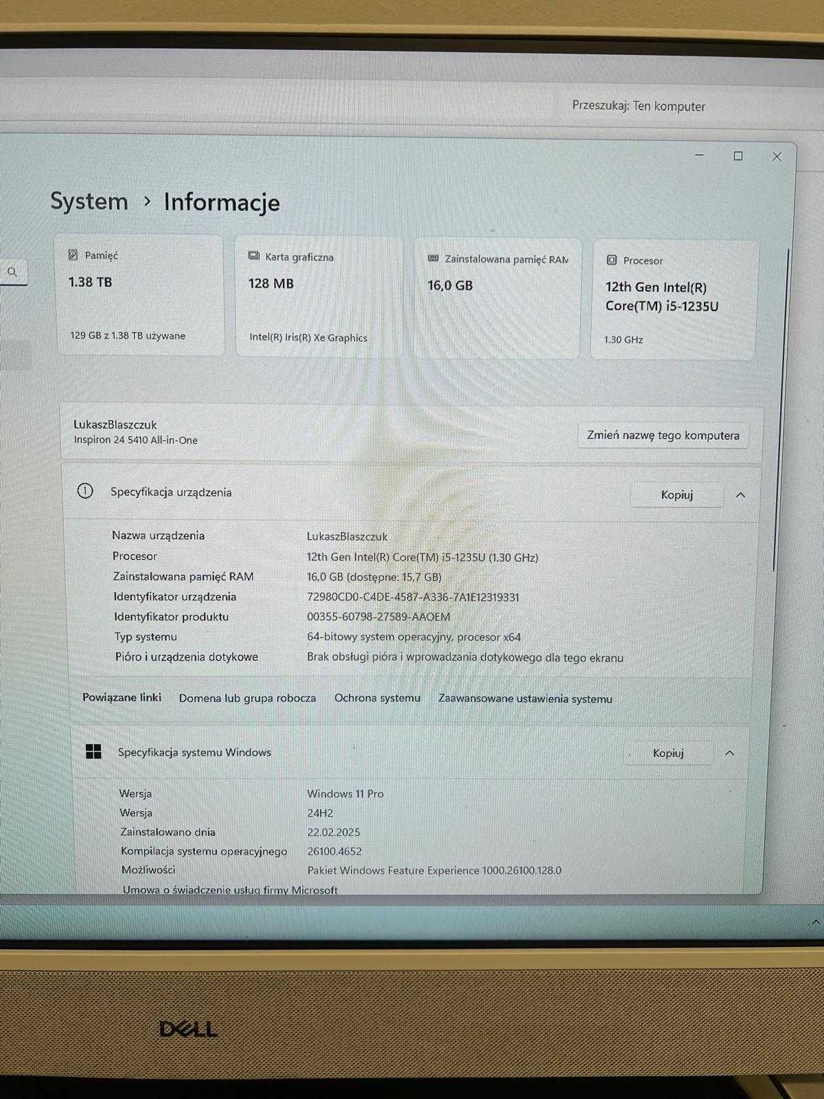 Dell Inspiron 5410 i5-1235U/16GB/512+1TB/Win11P - jak nowy,  FV23%