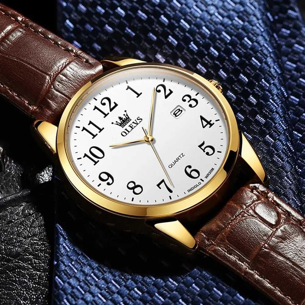 Klasyczny zegarek męski Olevs 39mm złoty biała tarcza do garnituru BOX