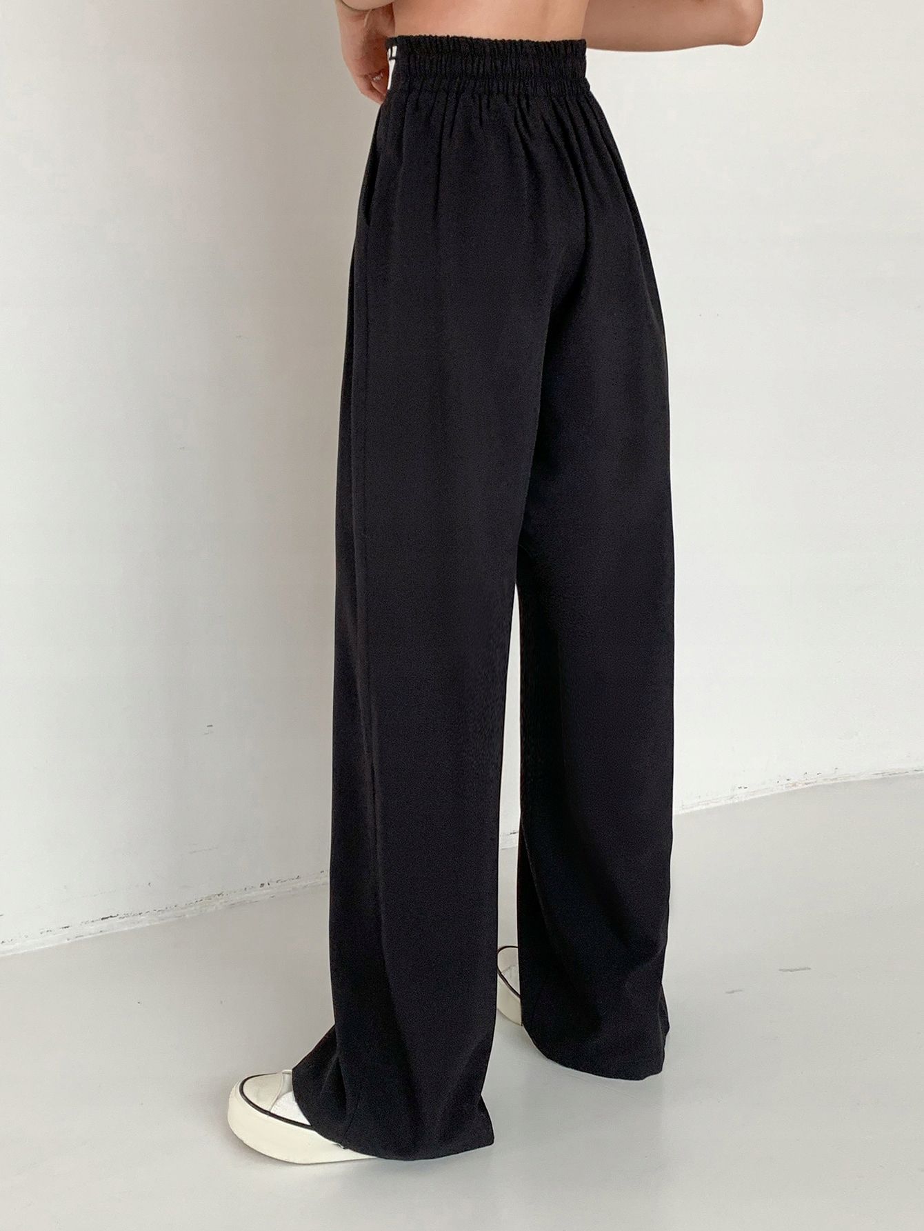 Spodnie Z Szerokimi Nogawkami Elastyczna Talia Czarne Casual Dazy L 40