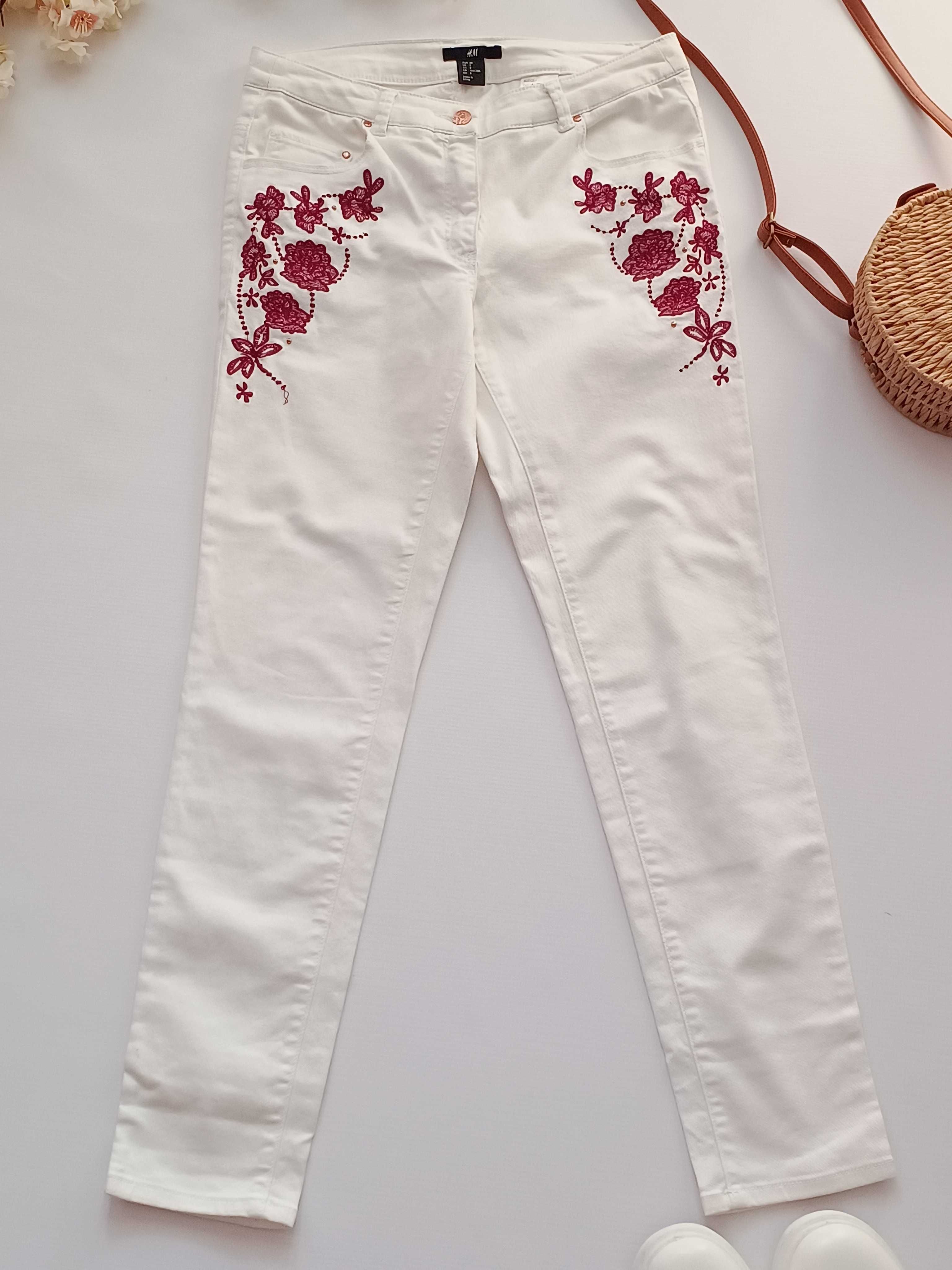 Białe spodnie jeansy do kostek skinny z haftem bawełniane H&M 38 M